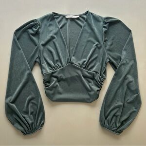 Lush Sky Blue Shimmer Puff Sleeve Crop Top Deep V-Neck Scrunched Waist Size S